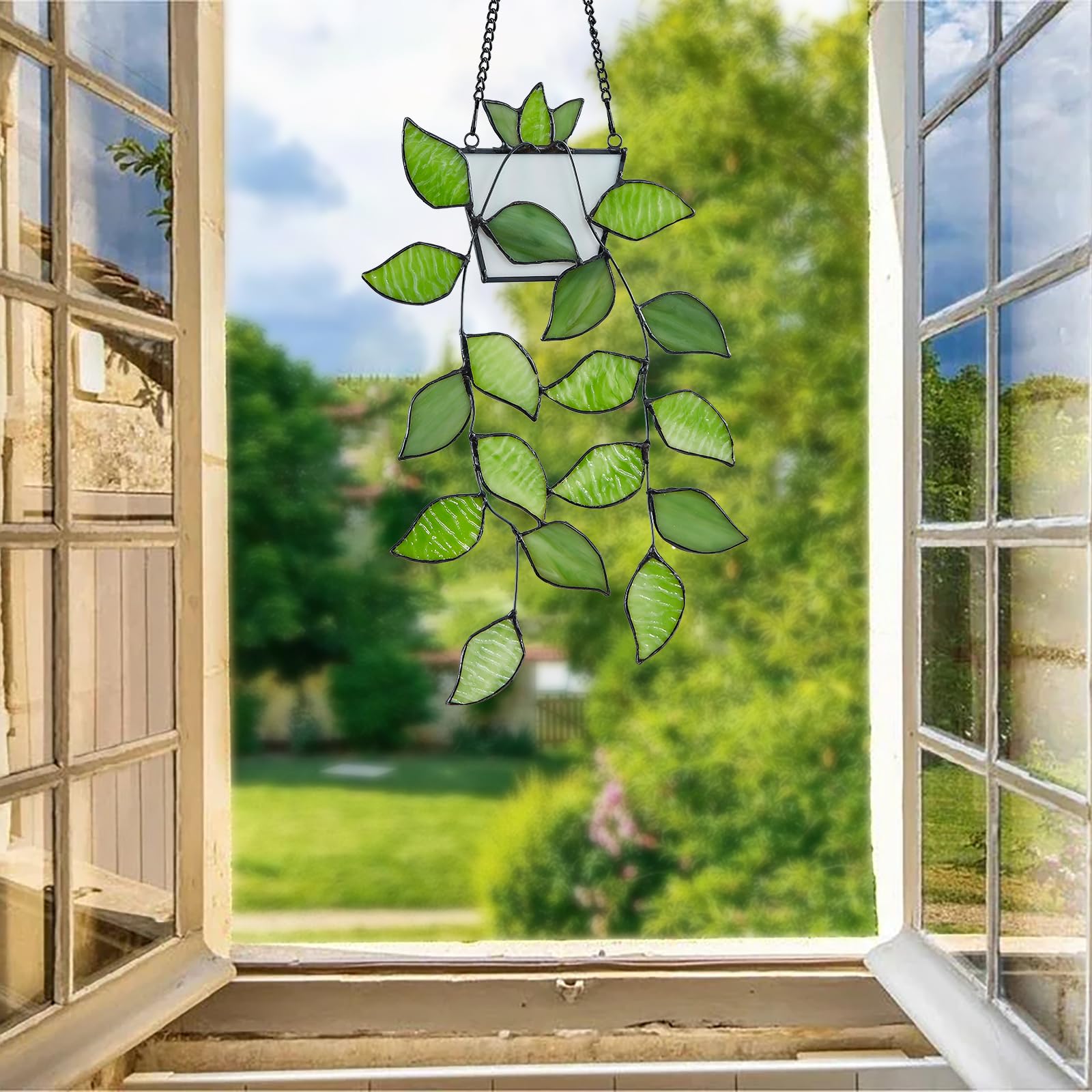 Amazon.com: Rswardeleco Stained Glass Window Hanging, Green Leaf
